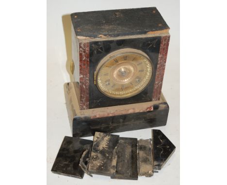 A Victorian marble mantel clock having a gilt dial with Roman numerals and eight day movement (a/f)