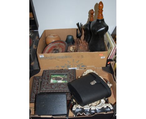 Two boxes of miscellaneous items to include moulded photograph frames, swing frame mirror, leather clad jewellery box etc