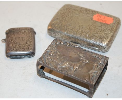 A silver and engraved pocket cigarette case, vesta case, and matchbox sleeve (3)