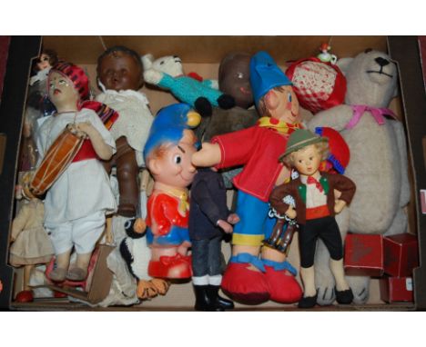 Two boxes of assorted children's toys and games to include felt covered Noddy figure, plastic Noddy, Chad Valley pull-along t