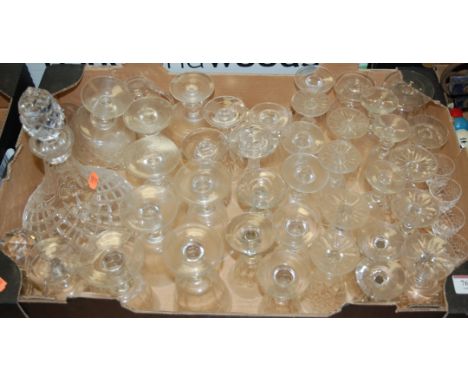 A box of miscellaneous glassware to include; cut glass ships decanter and stopper etc 
