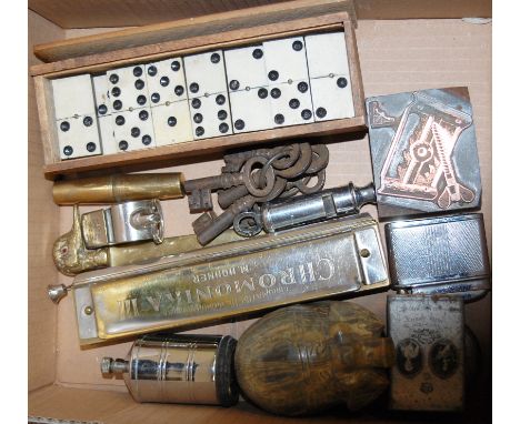 A small collection of miscellaneous items to include; cased set of dominoes, Acme Thunderer whistle, Hohner harmonica etc 