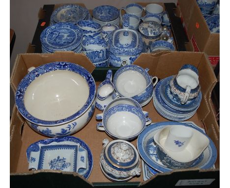 Three boxes of miscellaneous 19th century and later blue and white china to include Copeland Spode Italian teawares etc