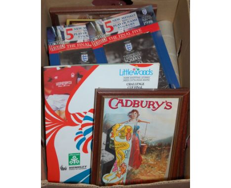A box of assorted mainly football related memorabilia to include 1999 Nottingham Forest V Oldham Athletic League Cup programm