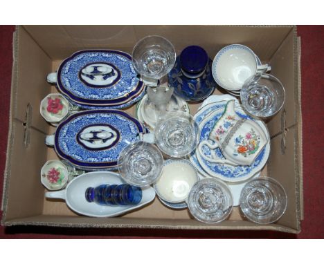 A box of miscellaneous china and glassware to include blue glass decanter and stopper, Royal Doulton Old Leeds Sprays pattern