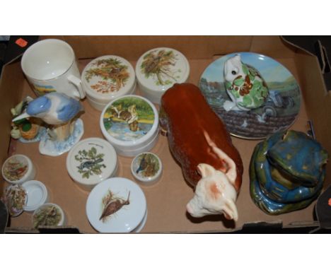 A Melba model of a Highland bull together with a stoneware figure of a frog, collectors' plates, and jar and cover etc