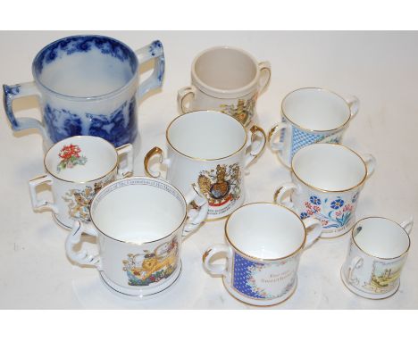 A Victorian Staffordshire blue and white transfer decorated loving cup; together with various other commemorative examples   