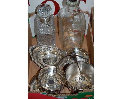 A box of miscellaneous items to include cut glass decanter and stopper with silver collar etc.