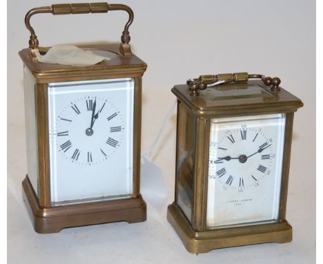 An early 20th century lacquered brass cased carriage clock having enamelled gold Roman numerals visible platform lever escape