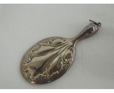 A miniature HM silver hand mirror having moulded decoration