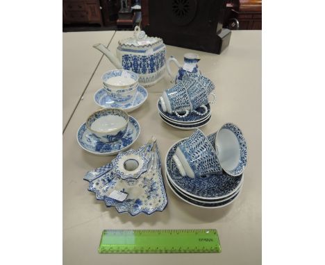 A selection of blue and white including late 18th/early 19th century teapot with swan finial, a 19th century sparrow beak jug