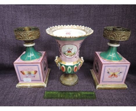 A Victorian part garniture set having vase and candlestand pedestals having painted enamel decoration