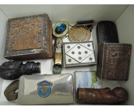 A selection of miscellaneous including treen seal, modelled as Shakespeare's 'Name Else To Enter' a brass snuff box modelled 