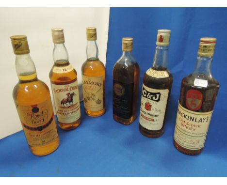 Six bottles of blended Scotch Whisky, C & J Whisky, Argyll Whisky, Royal Award Whisky, Claymore Whisky, The National Choice W
