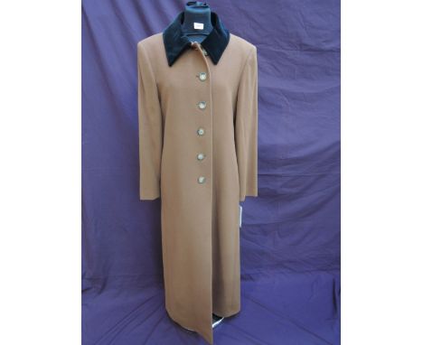 A lady's  1980's tan wool and cashmere coat by Huberman for SW1 at Harvey Nichols having black velvet collar,  size 12