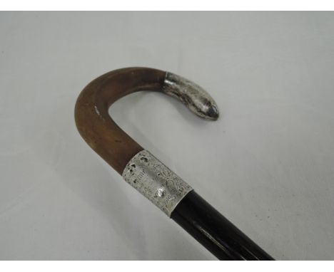 A walking stick having horn handle with HM silver knop and presentation plaque 