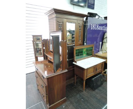 A late Victorian mahogany bedroom suite, comprising single door mirror wardrobe and dressing chest, tile and marble top washs