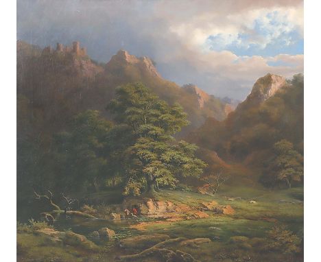 CAESAR BIMMERMANN  Eupen 1821 - 1888 Düsseldorf: Gebirgslandschaft mit Jägern an einem Gewässer. Oel auf Leinwand 1859. Signi