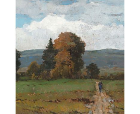 HEINRICH REINHARD KRÖH  1841 - Darmstadt - 1941: Landschaft bei Darmstadt. Oel auf Karton. Mit in die frische Farbe eingeritz