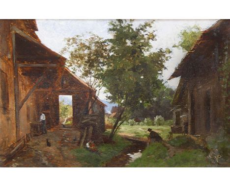 VICTOR PUHONNY  Prag 1838 - 1909 Baden-Baden: Schwarzwälder Bauernhof mit Bauern bei einer offener Scheuer. Oel auf Holz. Vgl