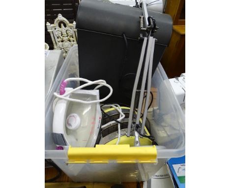 Tub of household kitchen items, mainly Breville iron, toaster, shredder, anglepoise lamp etc E/T