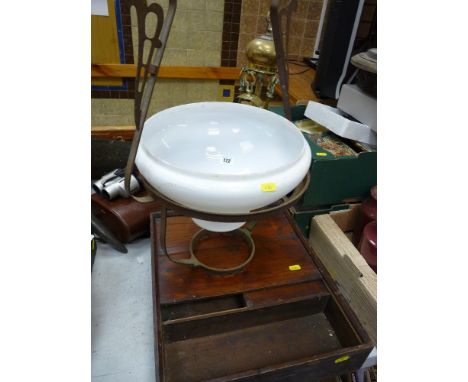 Good metallic hanging lamp with milk glass shade, brass companion set, small pine box with sliding door and a pottery teapot 