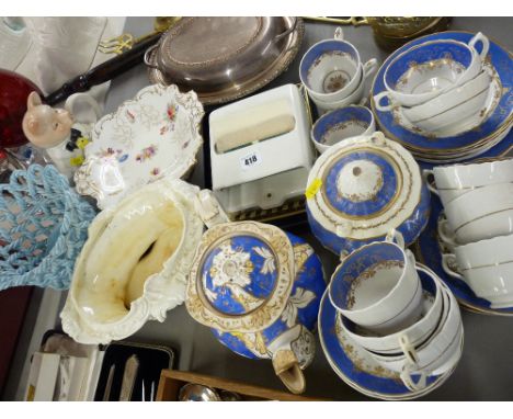 Victorian blue and gilt decorated part teaset, floral decorated comport, reticulated planter etc