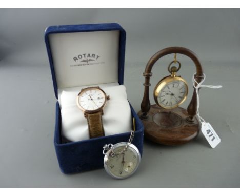 Gent's fourteen carat gold encased pocket watch with white enamel dial, Roman numerals (some cracking) on a watch stand and a