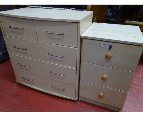 Modern light wood two over three drawer chest and a three drawer cabinet with upper locking drawer (with key)