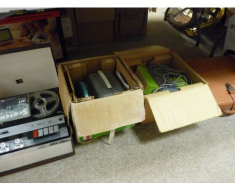 HMV reel to reel tape recorder, two boxes of photographic items and a portable typewriter etc
