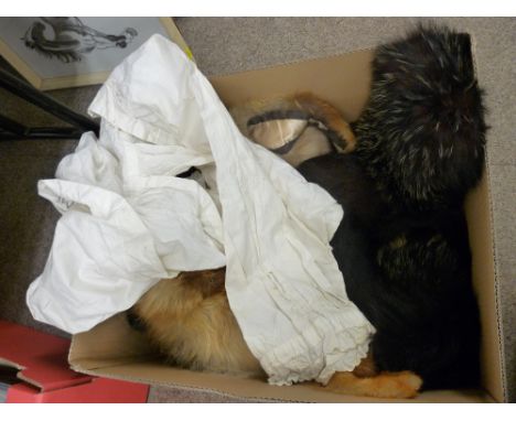 Box of vintage fur stoles and a pair of pantaloons
