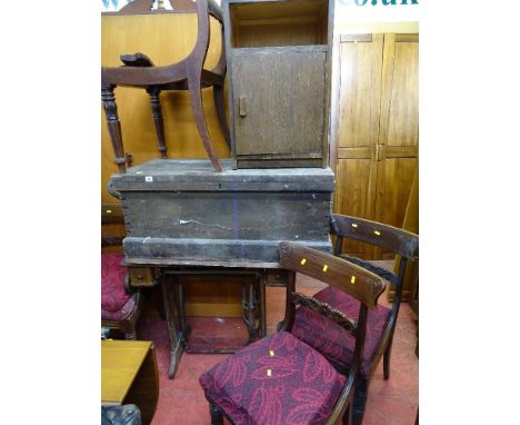 Parcel of vintage chairs for restoration, a treadle sewing machine base for restoration, a wooden trunk/storage and a single 