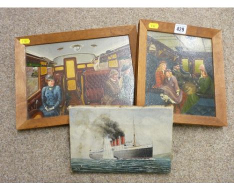 W A UNDERHILL oil on canvas - Lusitania being torpedoed, dated 1918 and two vintage style paintings of people in train carria