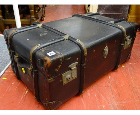 Wooden banded travel trunk initialled 'J K'