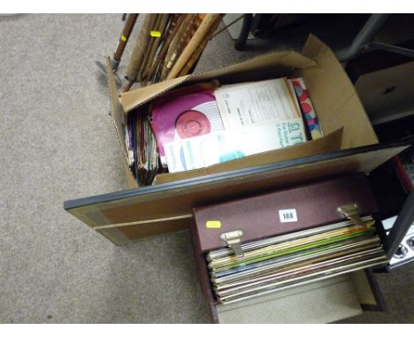 Case of LP records, box with large quantity of 45rpm records and a framed print of a map of Wales
