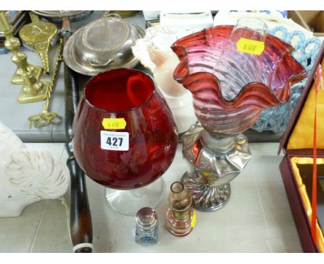 Vintage EP table lamp, ruby coloured brandy glass, silver topped scent bottle etc