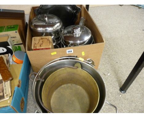 Box of modern stainless steel cooking pans, vintage brass and iron swing handled preserve pan and one other modern example