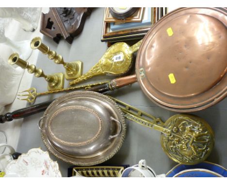 Long handled copper warming pan, quantity of vintage brassware, an EP lidded entree dish