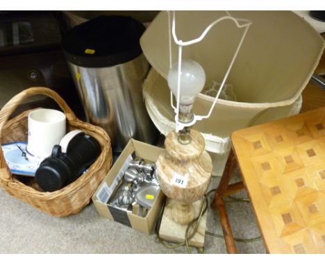 Parcel of mixed stainless steel and other kitchen items, shopping basket, alabaster effect table lamp and a small square marq