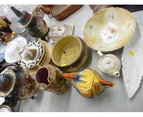 Pair of Satsuma vases and covers, a rooster teapot etc