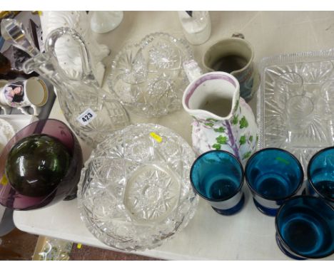 Mixed selection of vintage glassware, lustre decorated Victorian jug etc