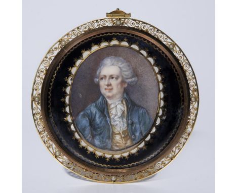 Portrait-Miniatur: Rokoko-Herr mit Perücke und Jabot    19. Jahrhundert.                    Gouache auf Elfenbein.        6,5