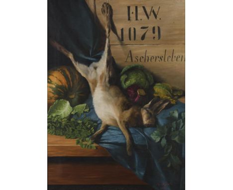                     KRAFT,             K.    Gemüsestillleben mit erlegtem Hasen    Öl/Leinwand.        Rechts unten signiert