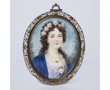 Portrait-Miniatur: Mädchen mit Blütenkranz    19. Jahrhundert.                    Gouache auf Elfenbein.        7,5 x 6 cm, R