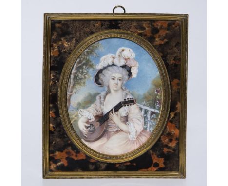 Portrait-Miniatur: Dame mit Mandoline    19. Jahrhundert.                    Gouache auf Elfenbein.        11,5 x 9,5 cm, Rah
