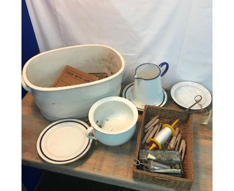 A Collection of old kitchenalia items to include stone ware wash basin,  Wicker weaved basket, old pegs, Enamel jug, plate, p