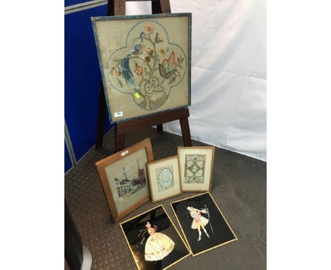 A Lot of vintage needlework tapestries, arts and crafts pieces to include foil work lady and gentleman pictures. Large needle