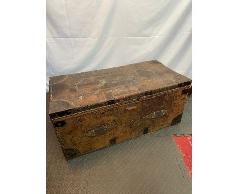 Antique Rustic leather bound pine trunk. Detailed with stud trims and initials to the top. [41x93x46cm] 