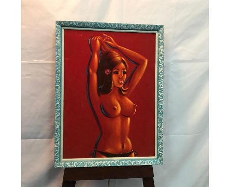 A Vintage 1960's 70's spray painting of a nude woman. Painting is done on orange/red material. Frame measures 62.5x47cm 