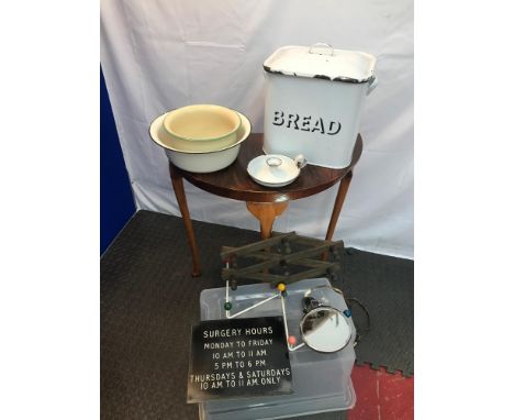 A Lot of vintage collectables to include enamelled bread bin, candle holder, wash bowl, chanty, vintage coat racks, Vanity mi